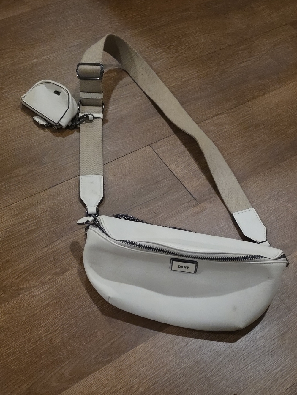 DKNY Cream Leather Crossbody Belt Bag with Canvas Strap